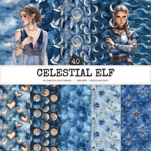 Celestial Elf Seamless Patterns, Magical nightscape JPEG, Fantasy universe pattern, Moon and stars repeating pattern,Digital scrapbook paper