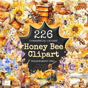 Honey Bee Watercolor Clipart Bundle - 220+ transparent PNG, Honey drips graphics, Spring garden bee designs, Commercial use,Digital download