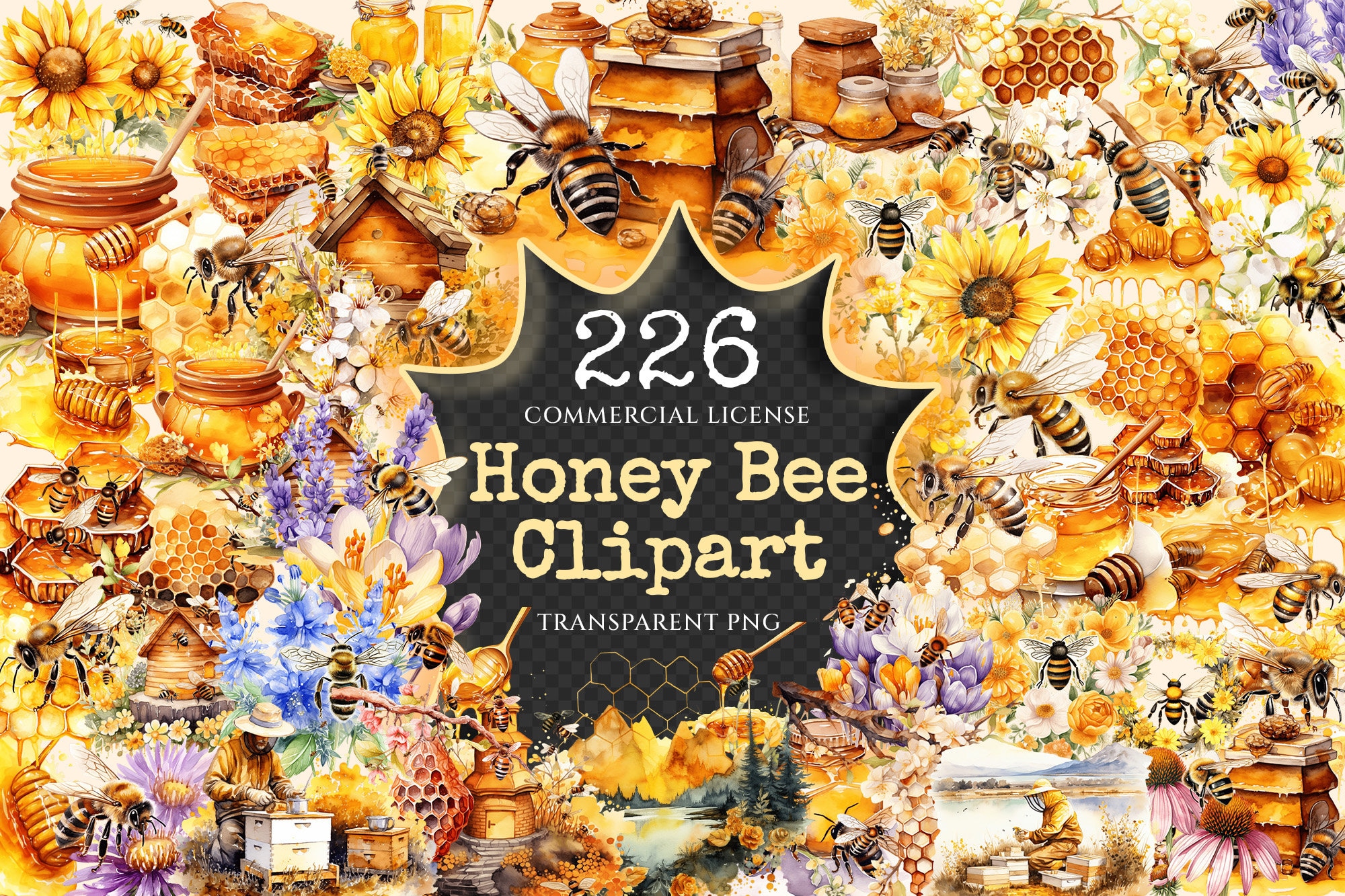 Honey Bee Watercolor Clipart Bundle – Spring Garden PNG (digital ...