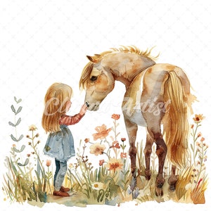 19 High-Quality Girl With Horse Clipart - Girl with horse digital watercolor JPG instant download for commercial use - Digital download