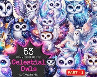 Celestial Owl Clipart – Whimsical Night Graphics, 53 PNG (Digital Download)