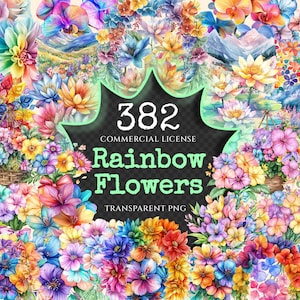 Ensemble de cliparts aquarelles de fleurs arc-en-ciel - 380+ PNG transparents, graphiques de fleurs vibrantes, Blossom png, utilisation commerciale, téléchargement numérique