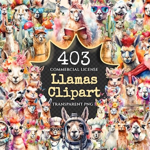 Llamas Watercolor Clipart Bundle - 400+ transparent PNG, Charming alpaca illustrations, Cute llama images, Commercial use, Digital download