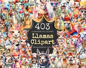 Watercolor Llamas Clipart Bundle – 400+ PNG Images (Digital Download)