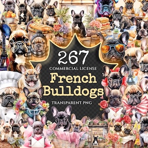 French Bulldogs Watercolor Clipart Bundle - 263+ transparent PNG, Charming french dog graphics, Cute puppy, Commercial use, Digital download