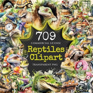 Reptiles Watercolor Clipart Bundle - 705+ transparent PNG, Lizard beast illustrations, Textured reptile png, Commercial use,Digital download