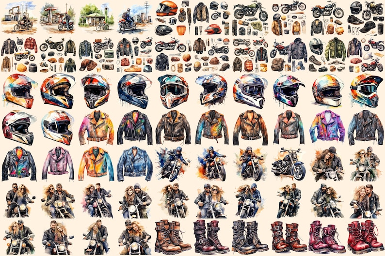 Bikers Watercolor Clipart Bundle - 480+ transparent PNG, Road warrior enthusiast illustrations, Motorbike, Commercial use, Digital download