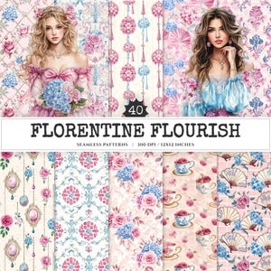 Puede incluir: Patrones digitales sin costuras con diseños florales y ornamentales en colores rosa, azul y crema. Los patrones incluyen rosas, hortensias y elementos decorativos. Se muestra el texto "FLORENTINE FLOURISH".