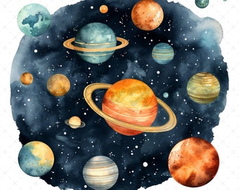 20 High-Quality Celestial Solar System Clipart - Solar system digital watercolor JPG instant download for commercial use - Digital download