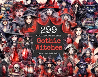 Gothic Witches Watercolor Clipart Bundle – Fantasy PNG Graphics (Digital Download)