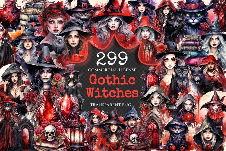Gothic Witches Watercolor Clipart Bundle – Fantasy PNG Graphics ...