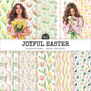 Op de afbeelding: Een set van 40 digitale naadloze patronen met aquarel illustraties van Pasen thema's. De patronen omvatten konijnen, eieren, bloemen en strepen in pastelkleuren. De patronen zijn perfect voor het maken van digitale of gedrukte projecten.