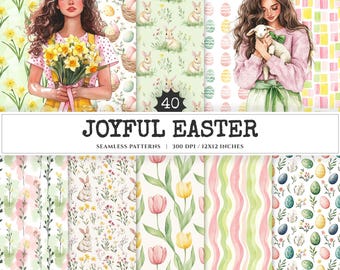 Joyful Easter Seamless Patterns, Spring Floral, Eggs, Scrapbook Paper (Digital Download)