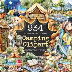 Camping Watercolor Clipart Bundle - 930+ transparent PNG, Nature adventure illustrations, Campsite graphics,Commercial use, Digital download
