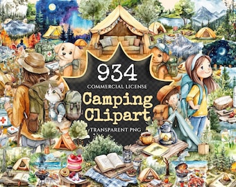 May include: A watercolor illustration of 934 camping clipart images. The illustration features a variety of camping scenes, including tents, campfires, trees, and people. The text "934 Commercial License Camping Clipart Transparent PNG" is included in the image.