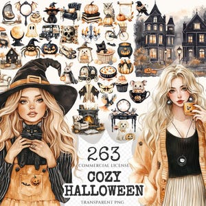 Cozy Halloween Watercolor Clipart Set - 260+ transparent PNG, Modern haunted graphics, Subtle spooky png, Commercial use, Digital download