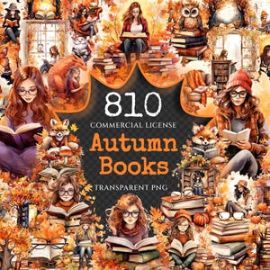Autumn Books Watercolor Clipart Bundle - 805+ transparent PNG, Adorable bookworm graphics, Autumn book art, Commercial use, Digital download