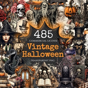 Vintage Halloween Watercolor Clipart Bundle - 480+ transparent PNG, Classic halloween graphics, Spooky png, Commercial use, Digital download