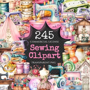 Sewing Watercolor Clipart Bundle - 240+ transparent PNG, Sewing machines illustrations, Sewing kit images, Commercial use, Digital download