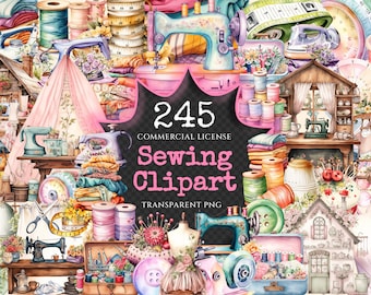 Sewing Watercolor Clipart Bundle - 240+ transparent PNG, Sewing machines illustrations, Sewing kit images, Commercial use, Digital download