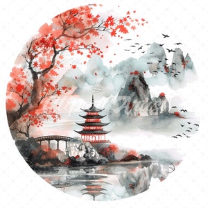 20 High-Quality Japanese Frame Clipart - Paysage japonais aquarelle numérique JPG téléchargement instantané pour un usage commercial - Téléchargement numérique
