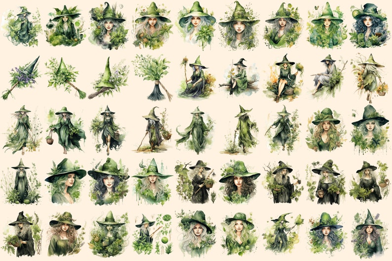Herbal Witches Watercolor Clipart Bundle - 310+ transparent PNG, Whimsical fantasy graphics, Enchanted png, Commercial use, Digital download