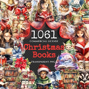 Christmas Books Watercolor Clipart Bundle - 1057+ transparent PNG, Festive reading images, Holiday book png, Commercial use,Digital download