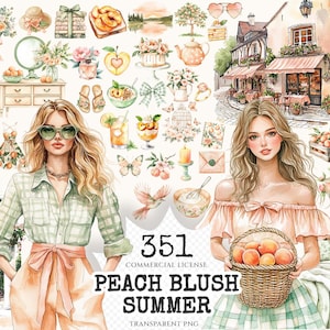 Peach Blush Summer Watercolor Clipart Set - 346+ transparent PNG, Summertime graphics, Cottagecore images, Commercial use, Digital download