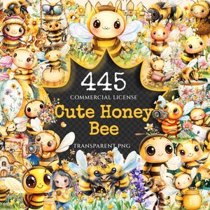 Cute Honey Bees Watercolor Clipart Bundle - 440+ transparent PNG, Sweet bee graphics, Loving insect art, Commercial use, Digital download