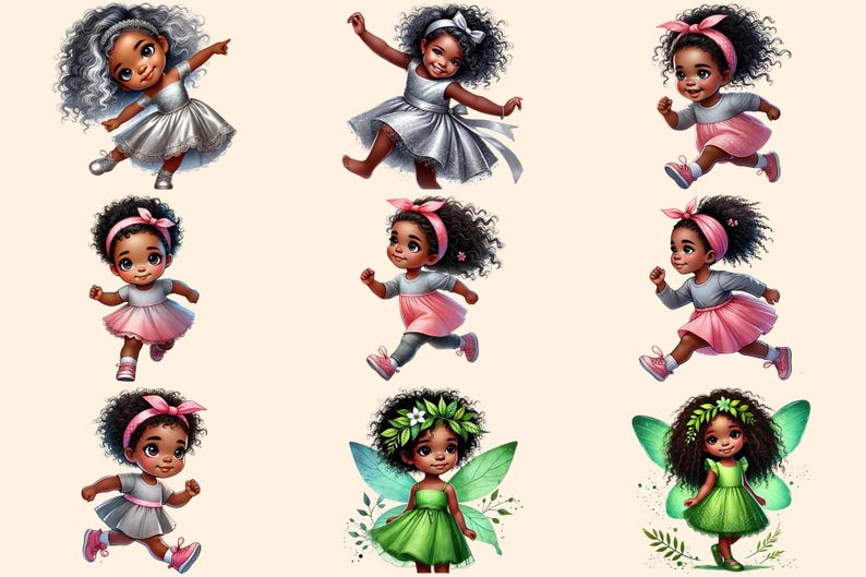 Little Girls (P-3) PNG Clipart Collection - 43 PNG, Adorable dark-skinned girl graphics, African girl png, Commercial use, Digital download