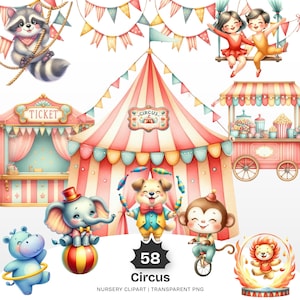Pode incluir: Ilustração em aquarela de uma cena de circo com uma grande tenda listrada, uma bilheteria e um carrinho de comida. Apresenta um guaxinim, um hipopótamo com um bambolê, um elefante em uma bola, um cachorro malabarista, um macaco de bicicleta e um leão.