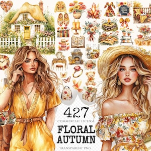 Floral Autumn Watercolor Clipart Set - 425+ transparent PNG, Cozy autumn graphics, Cottagecore fall images, Commercial use, Digital download