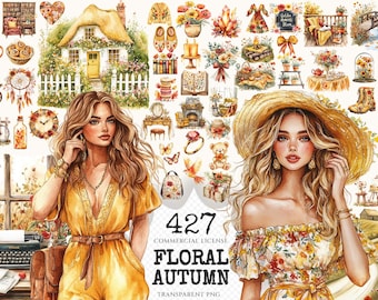 Floral Autumn Watercolor Clipart Set – Cottagecore PNG Graphics (Digital Download)