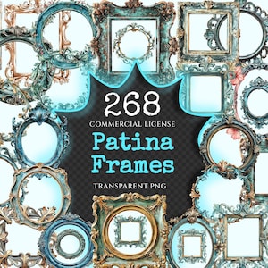 Patina Frames Watercolor Clipart Bundle - 265+ transparent PNG, Rustic decorative images, Vintage frame png, Commercial use,Digital download