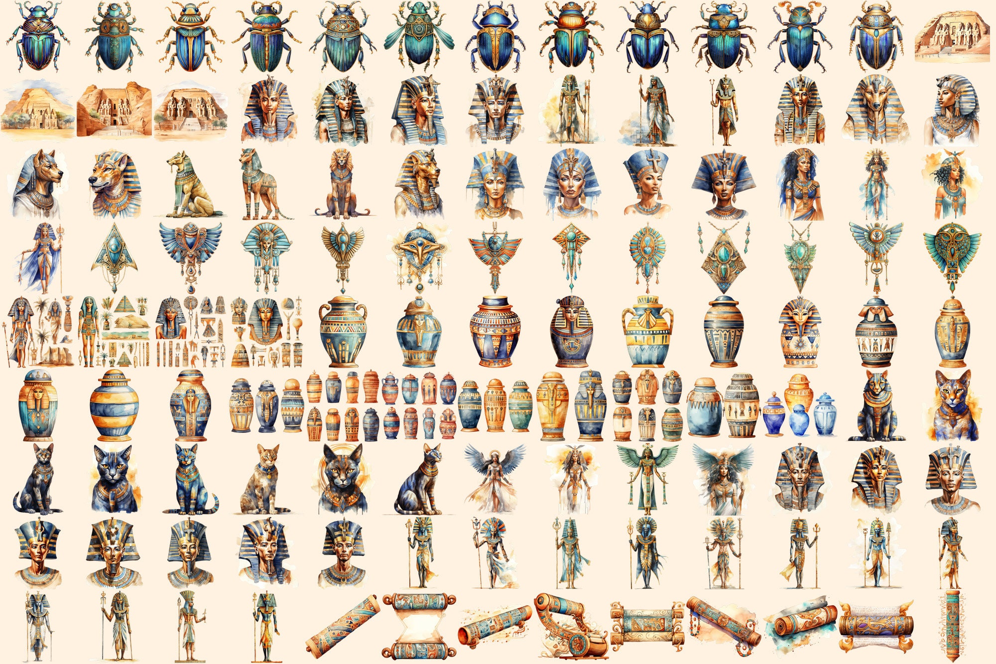 Ancient Egypt Watercolor Clipart Bundle – Pharaohs, Pyramids (digital ...