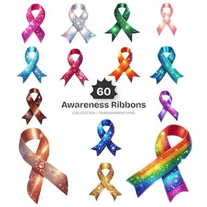 May include: A collection of 60 awareness ribbons in various colors, textures, and finishes, including glittery, metallic, and patterned designs. The central text reads 60 Awareness Ribbons COLLECTION | TRANSPARENT PNG, showcasing diverse styles.