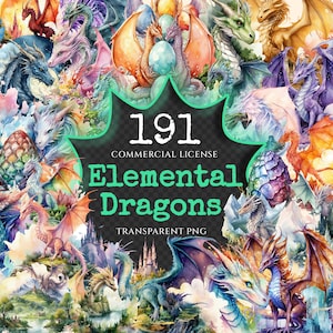Elemental Dragons Watercolor Clipart Bundle - 190+ transparent PNG, Magical fairytale wyvern, Comic book, Commercial use, Digital download