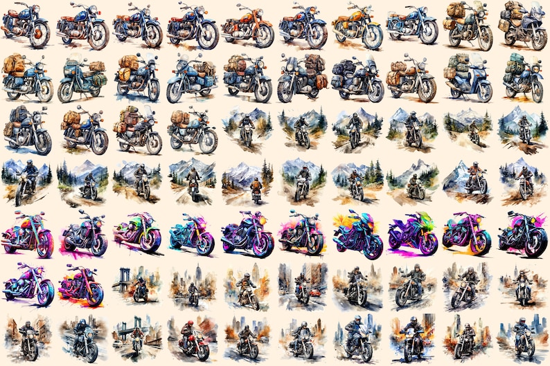 Bikers Watercolor Clipart Bundle - 480+ transparent PNG, Road warrior enthusiast illustrations, Motorbike, Commercial use, Digital download
