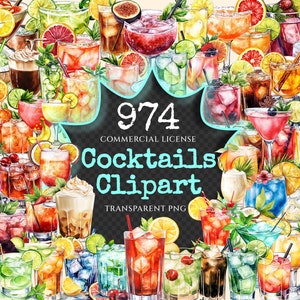 Cocktail Watercolor Clipart Bundle - 970+ transparent PNG, Celebration drinks graphics, Champagne clipart, Commercial use, Digital download