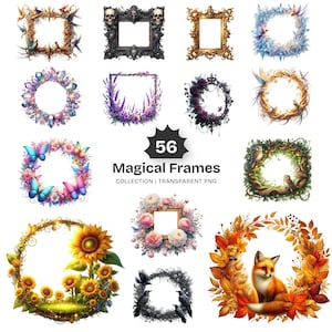 Peut inclure: Une collection de 56 « Magical Frames » de styles variés, notamment floraux, sur le thème de la nature et ornés. Les cadres sont disposés en grille, présentant diverses esthétiques avec des papillons, des tournesols et un renard.