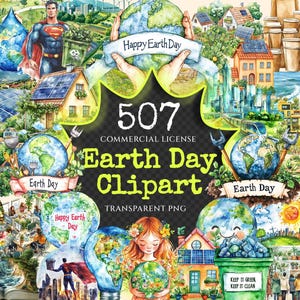 Earth Day Watercolor Clipart Bundle - 503+ transparent PNG, Eco-Friendly graphics, Planet care png images, Commercial use, Digital download