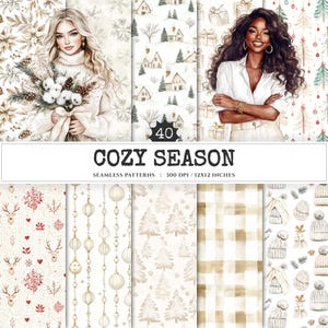 Cozy Season Seamless Patterns,  JPEG, Winter cottage pattern, Gift boxes, Candy cane, Snowflake repeating pattern, Digital scrapbook paper