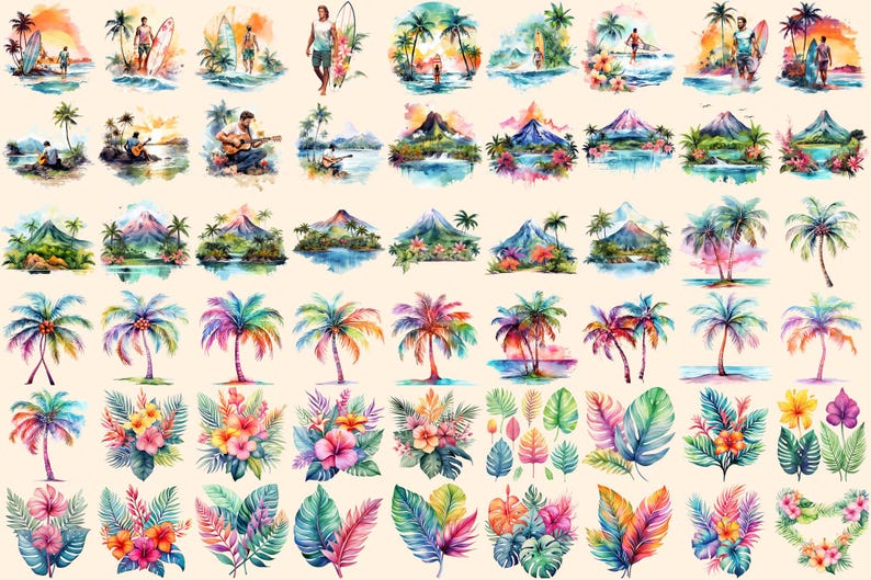 Hawaii Watercolor Clipart Bundle – Tropical Summer PNG (digital ...
