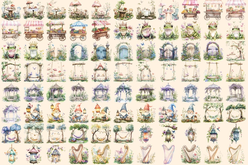 Fairy Garden Watercolor Clipart Bundle – 600+ PNG Graphics (digital ...