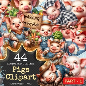 Pigs PNG Clipart Collection - 44 PNG, Adorable piggy illustrations, Farm animal printables, Commercial use, Digital download
