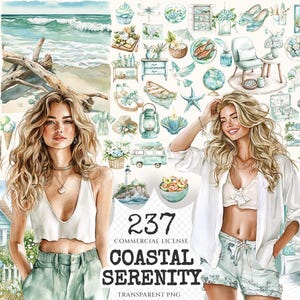 Coastal Serenity Watercolor Clipart Set - 233+ transparent PNG, Sunny beach graphics, Summer seaside art, Commercial use, Digital download