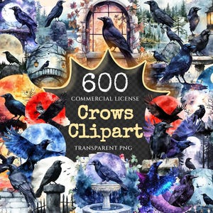 Crows Watercolor Clipart Bundle - 600 transparent PNG, Dark crow illustration, Mystical night bird graphics, Commercial use,Digital download