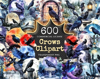 Watercolor Crows Clipart – 600 PNG Graphics, Mystical Bird Illustrations (Digital Download)