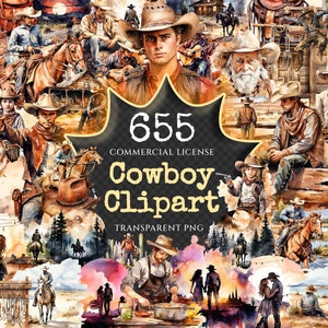Cowboy Watercolor Clipart Bundle - 650+ transparent PNG, Frontier cowboy illustrations, Wild west rodeo, Commercial use, Digital download