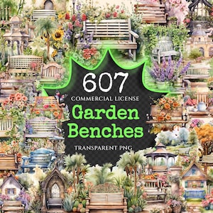 Garden Benches Watercolor Clipart Bundle - 603+ transparent PNG, lovely garden graphics, Rustic outdoor png, Commercial use,Digital download
